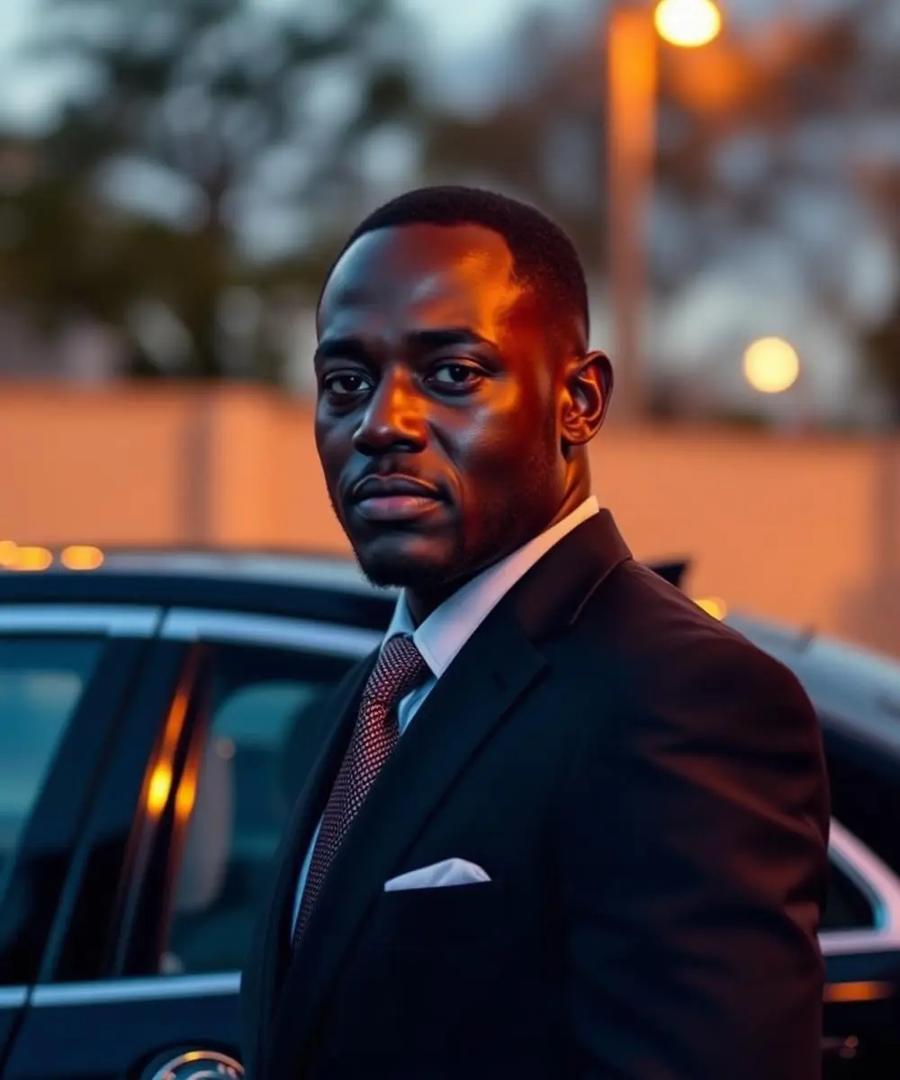 Portrait d'un chauffeur professionnel en costume à Dakar